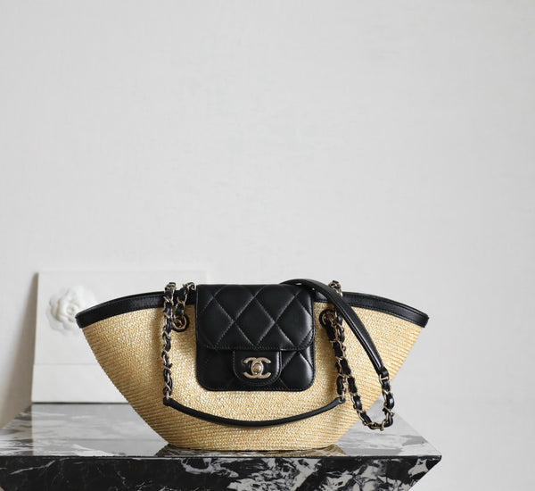 CC 26M Raffia Braided Lambskin Shopping Tote