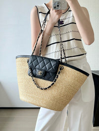 CC 26M Raffia Braided Lambskin Shopping Tote