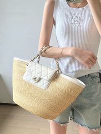 CC 26M Raffia Braided Lambskin Shopping Tote