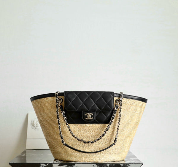 CC 26M Raffia Braided Lambskin Shopping Tote
