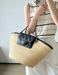 CC 26M Raffia Braided Lambskin Shopping Tote