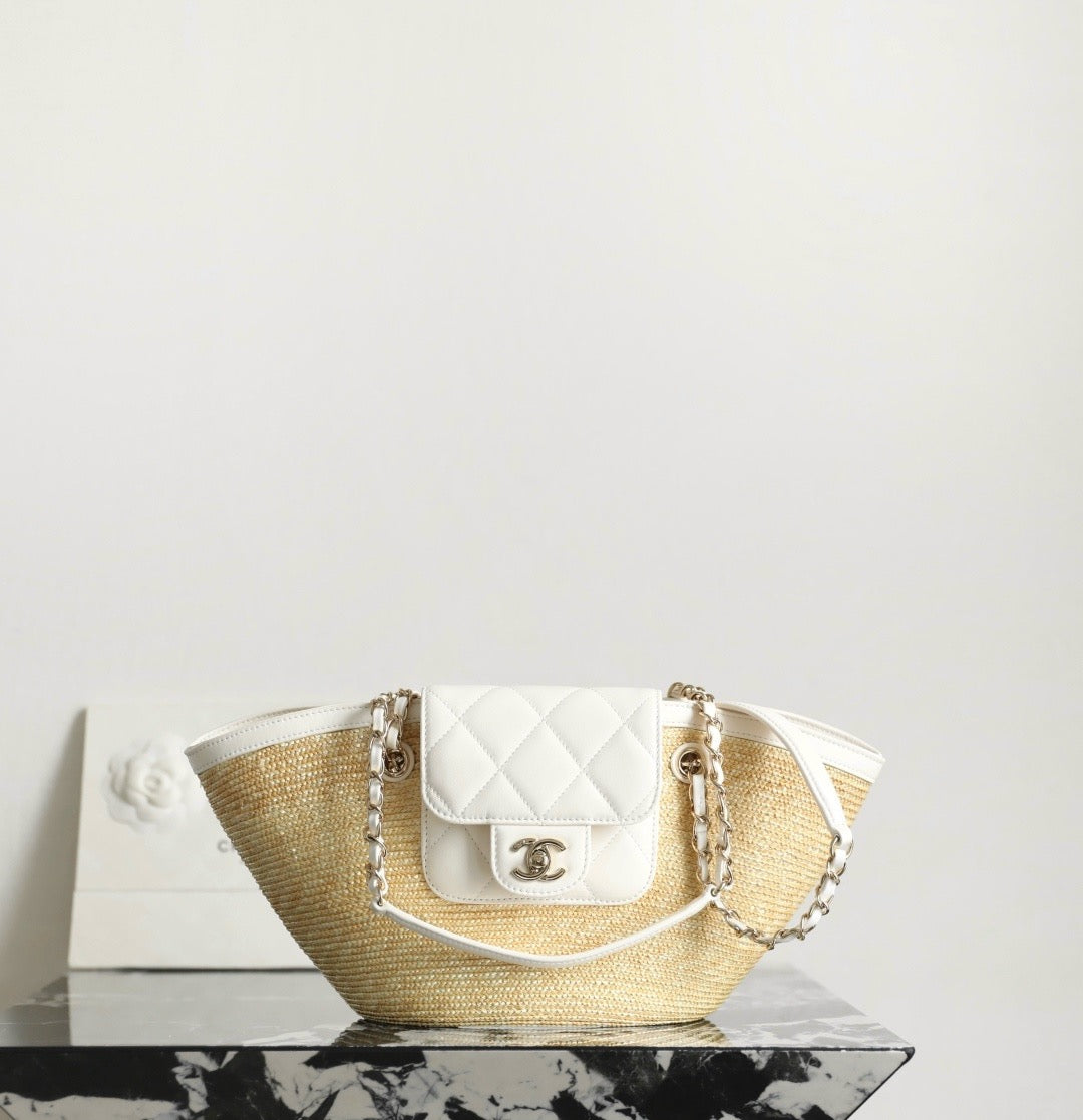 CC 26M Raffia Braided Lambskin Shopping Tote