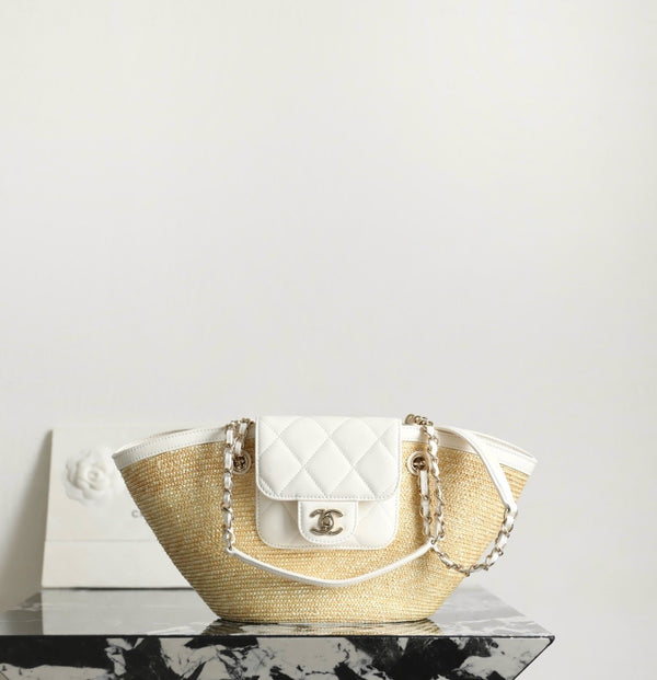 CC 26M Raffia Braided Lambskin Shopping Tote