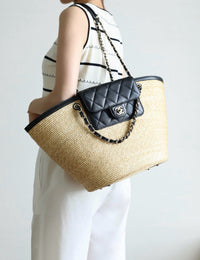 CC 26M Raffia Braided Lambskin Shopping Tote
