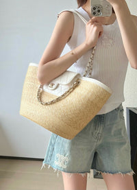 CC 26M Raffia Braided Lambskin Shopping Tote