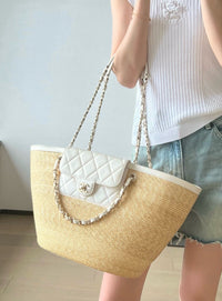 CC 26M Raffia Braided Lambskin Shopping Tote