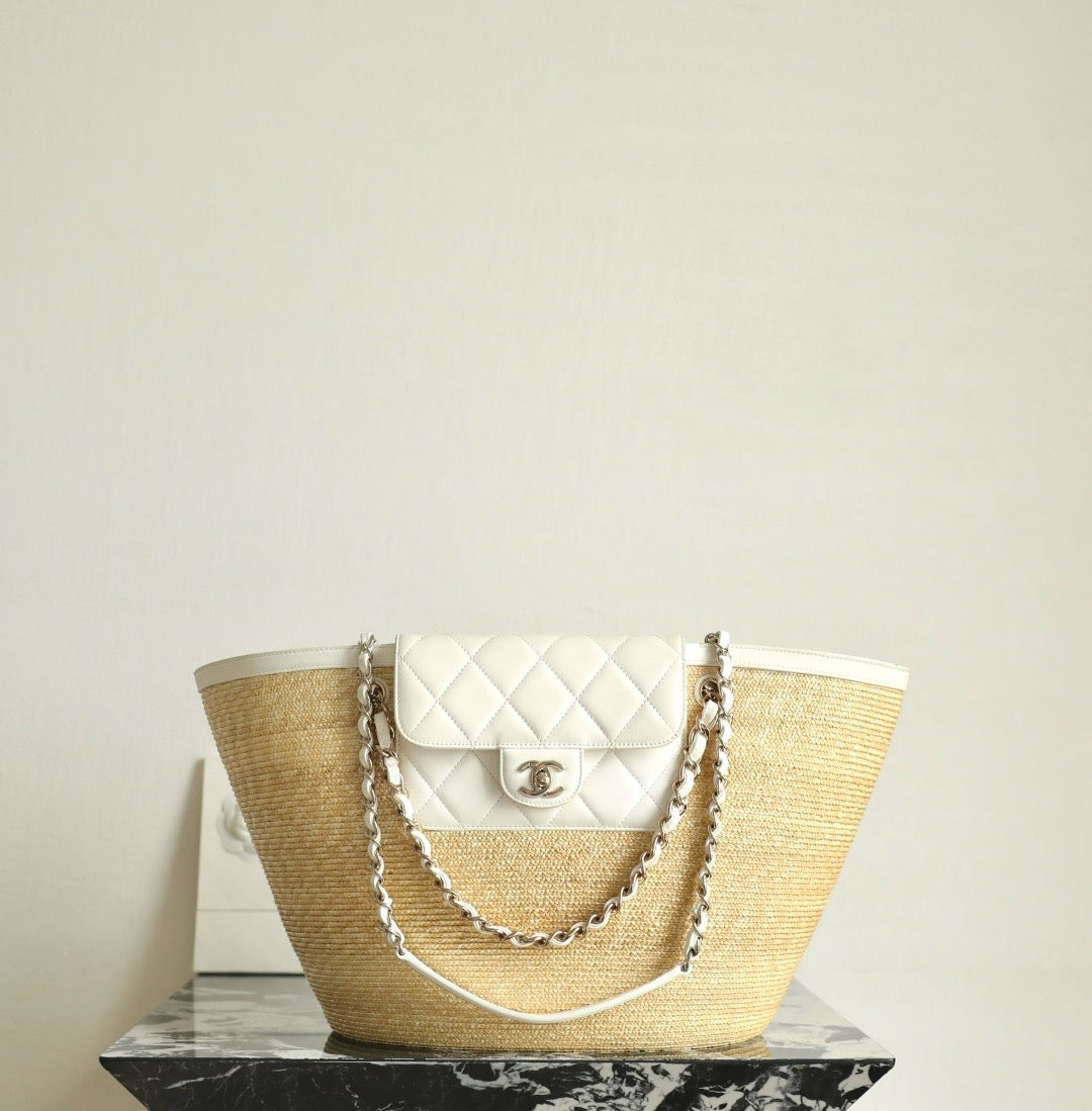 CC 26M Raffia Braided Lambskin Shopping Tote