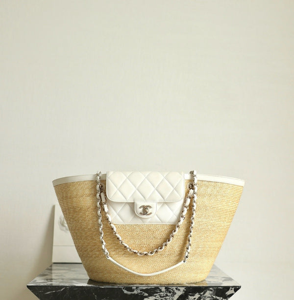CC 26M Raffia Braided Lambskin Shopping Tote
