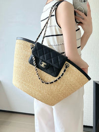 CC 26M Raffia Braided Lambskin Shopping Tote